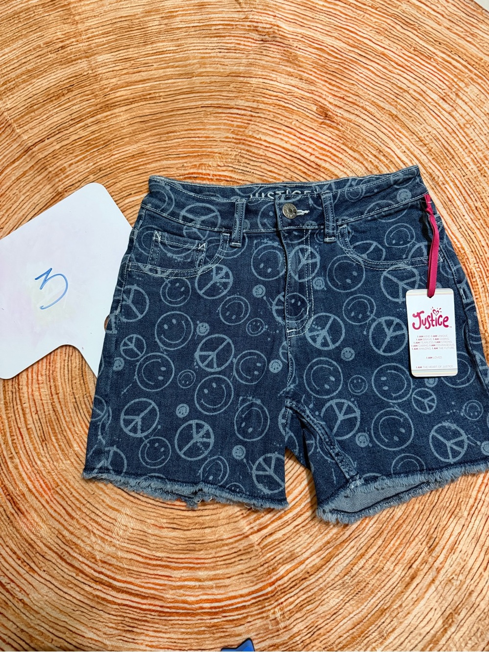Justice Black Graphic Denim Shorts with Smiley & Peace Icons